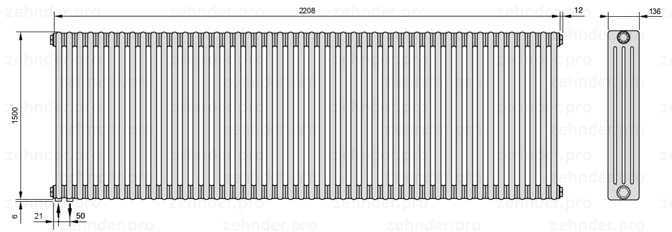 Схема (чертеж) Радиатор Zehnder Charleston 4150/48 №3370 Белый глянцевый RAL 9016